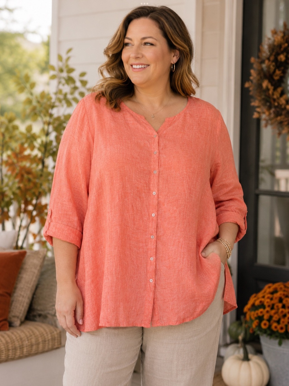 T Tahari Coral Lightweight Linen  Button-Down Shirt in size 3X